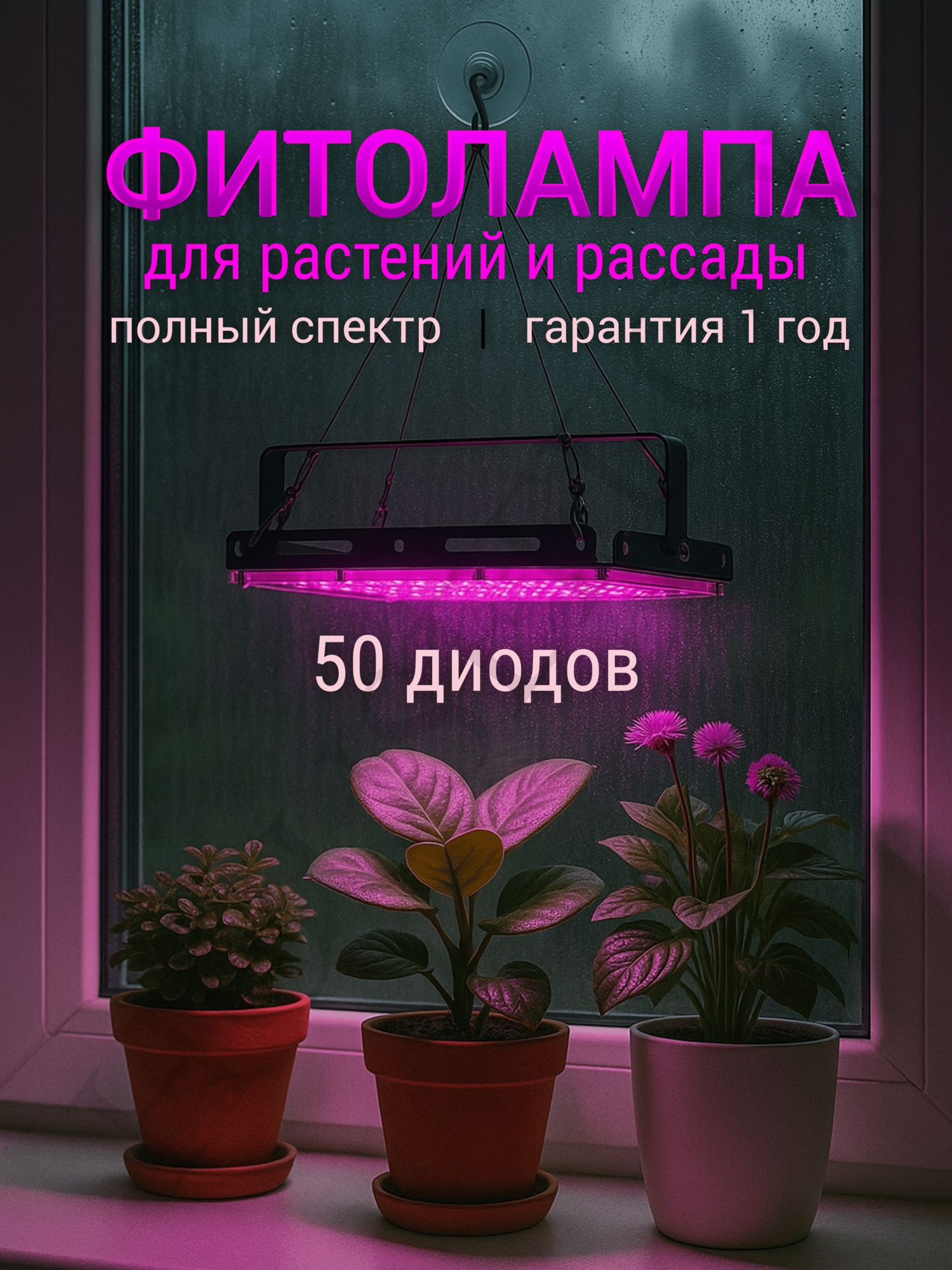 Фитолампа для растений и рассады полного спектра. Фитосветильник. Ультрафиолетовая лампа для цветов на окно и для теплиц