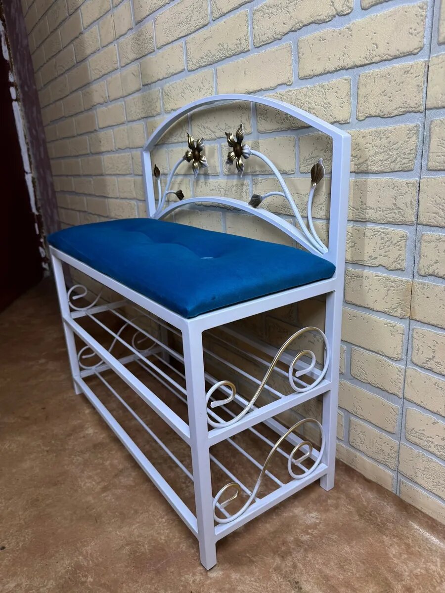 Кованая прихожая, вешалка + банкетка, Студия кованой мебели Нива, цвет синий бархат — фото 1