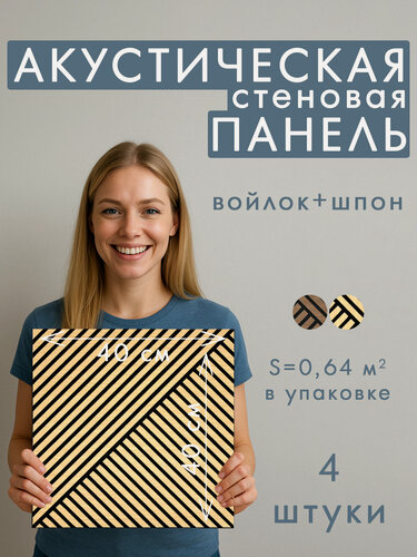 Изображение товара Комплект акустических панелей КУБ 4шт, черный войлок, 400x400х9мм шпон дуб янтарный