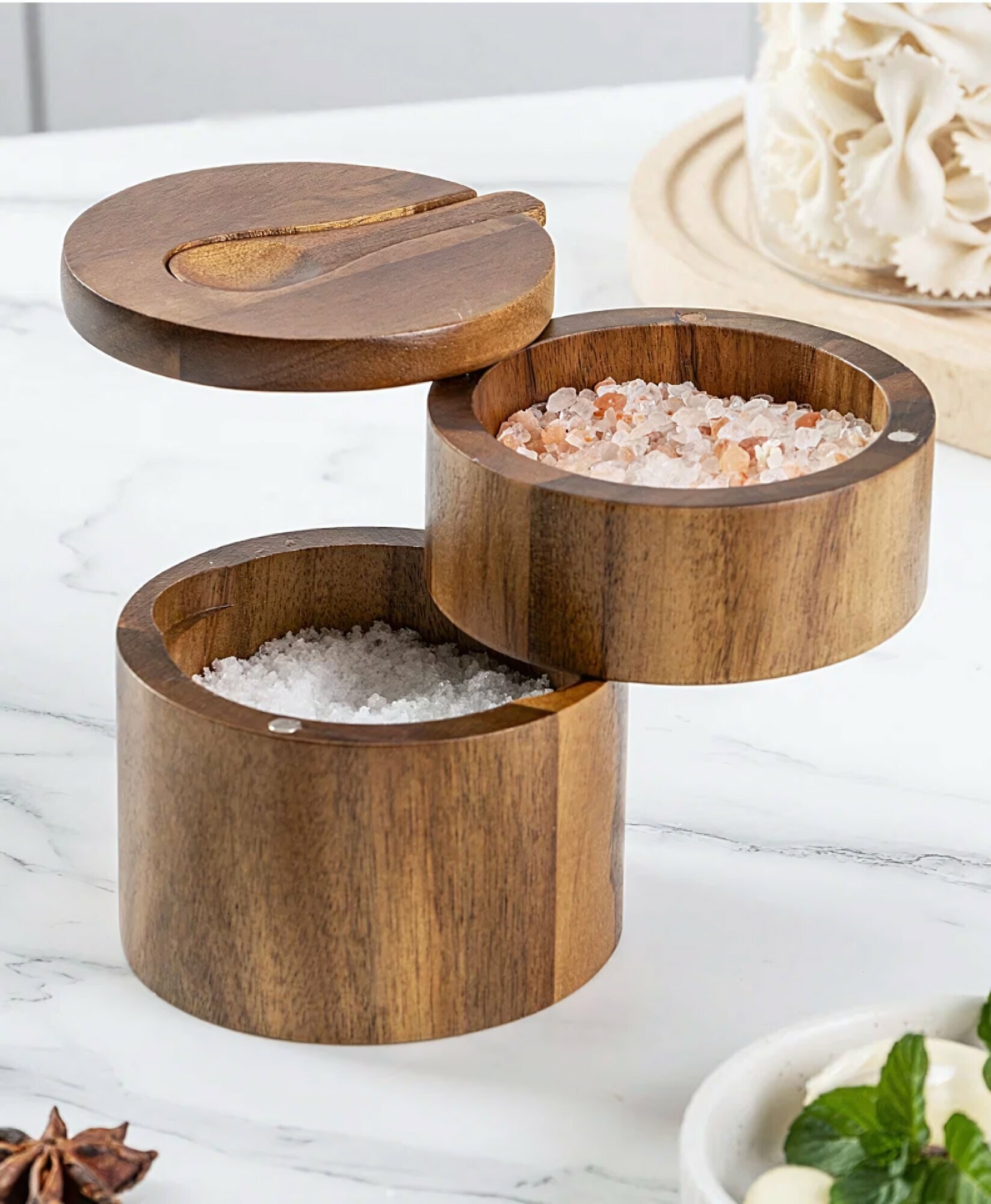 Емкость для специй двойная из дерева акации 10.5х9 см поворотный механизм