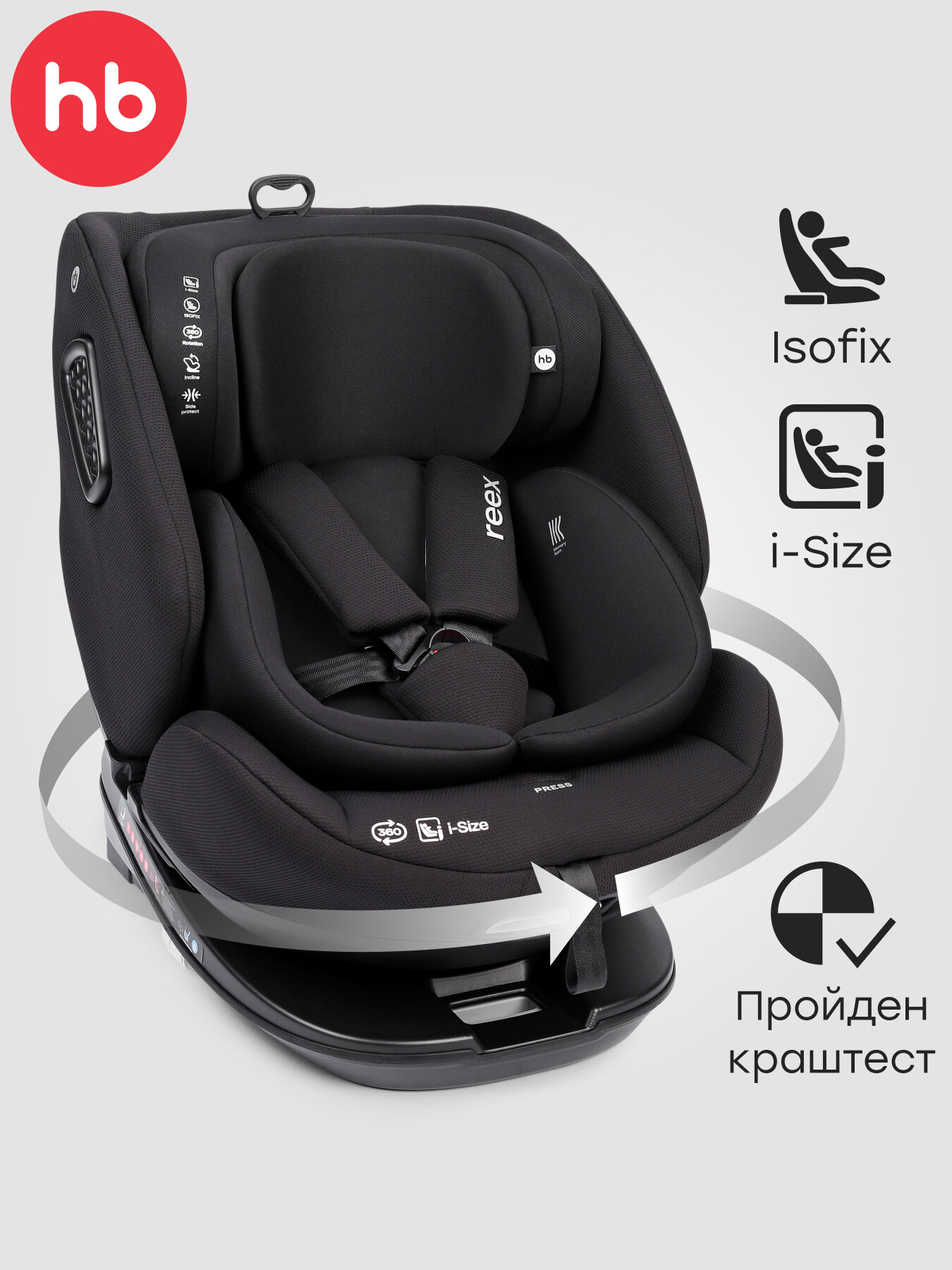 Автокресло детское Reex Happy Baby, поворотное на 360, от 0 до 12 лет,0/1/2/3 (до 36 кг), Isofix, рост 40-150 см, черное