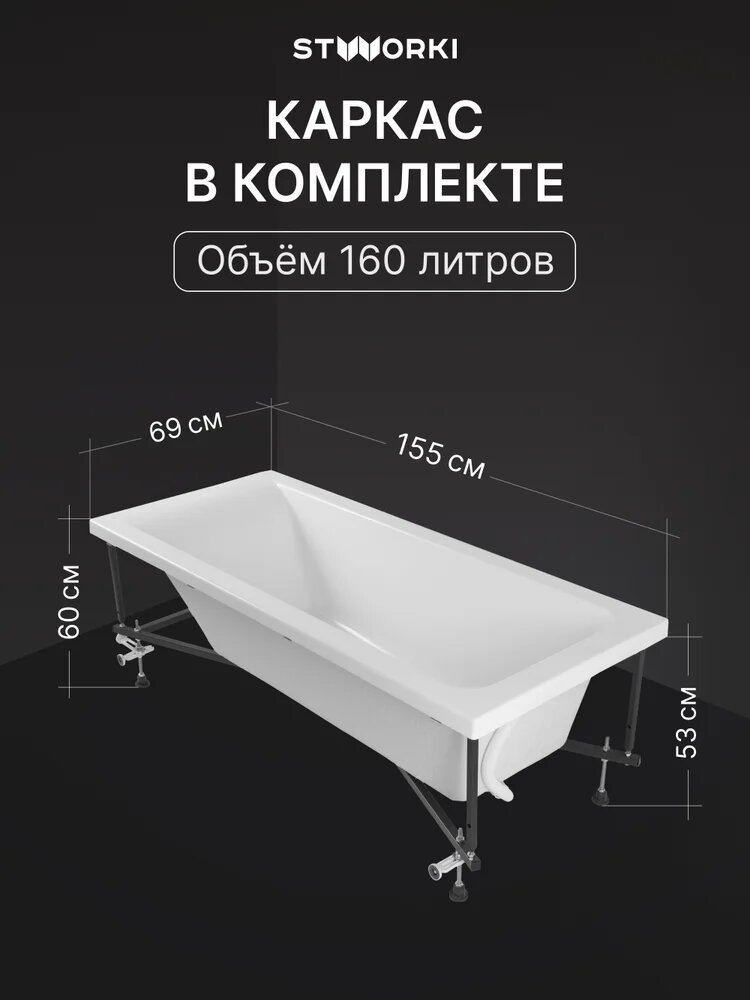 Акриловая ванна STWORKI Стокгольм 155x70 см, встраиваемая, белая, с каркасом — фото 1