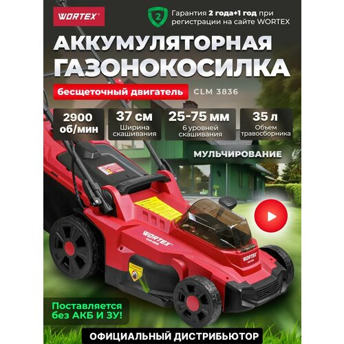 фото Газонокосилка аккумуляторная wortex clm 3836 all1 solo без акб и зу ширина обработки 34 см, травосборник 35 л (0333235)