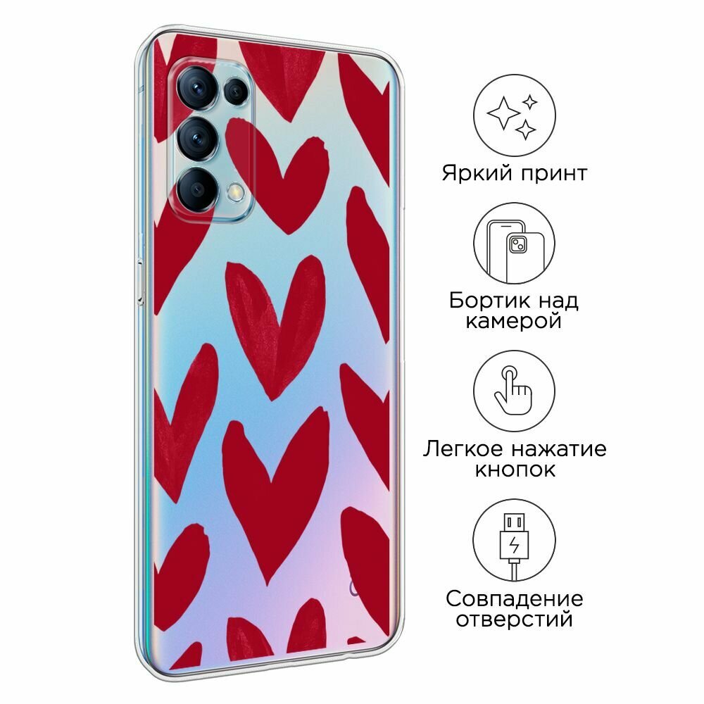 Чехол на Oppo Reno 5 / Оппо Рено 5 с принтом "Красные сердечки рисунок - 14 февраля", прозрачный — фото 1