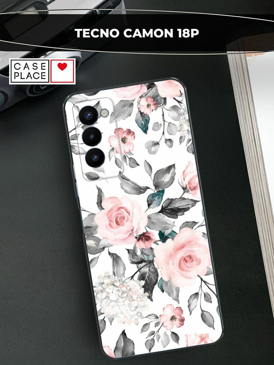 Чехол на Tecno Camon 18P / Техно Камон 18Р с принтом "Розы на белом"