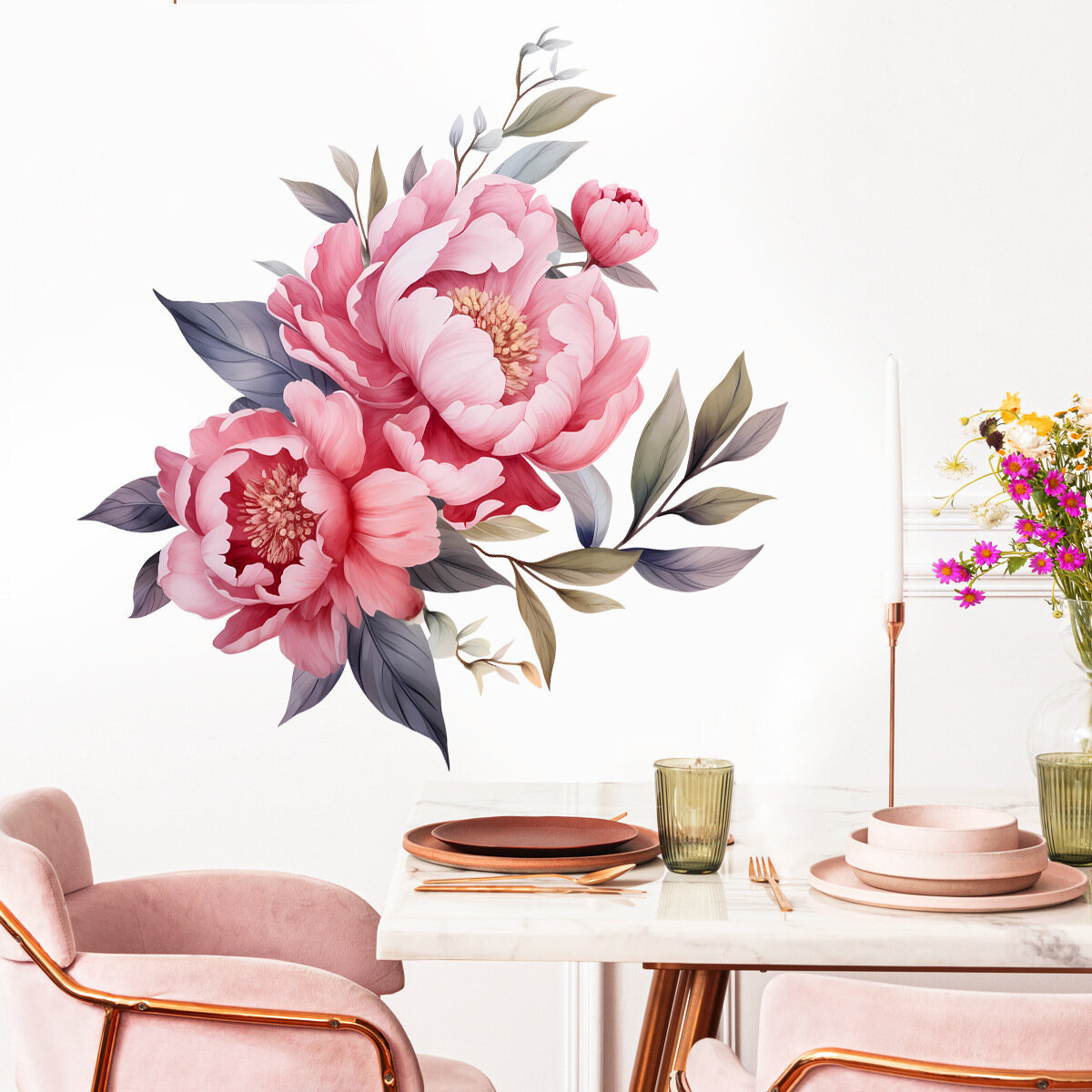 Наклейки на стену с акварельными пионами самоклеящиеся цветочные настенные наклейки для спальни гостиной прихожей съемный декор для дома из ПВХ 29 x 29 см