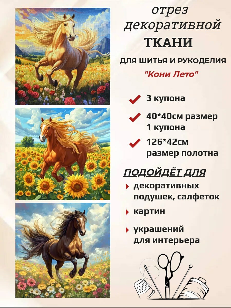 Ткань интерьерная для шитья и рукоделия "Кони Лето"