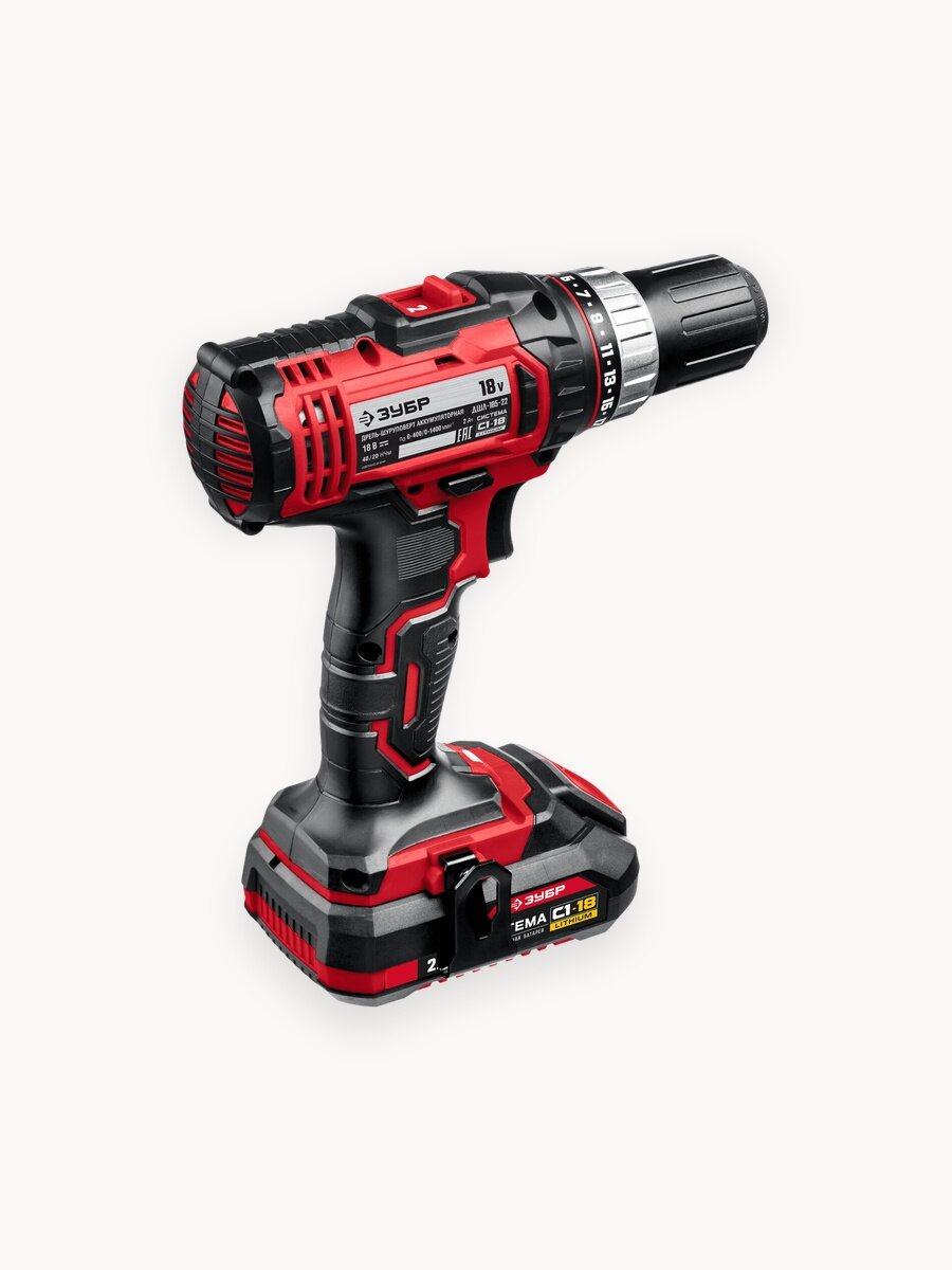 ЗУБР С1-18, 18 В, 40 Н·м, 2 АКБ (2 А·ч), дрель-шуруповерт, кейс (ДШЛ-185-22)