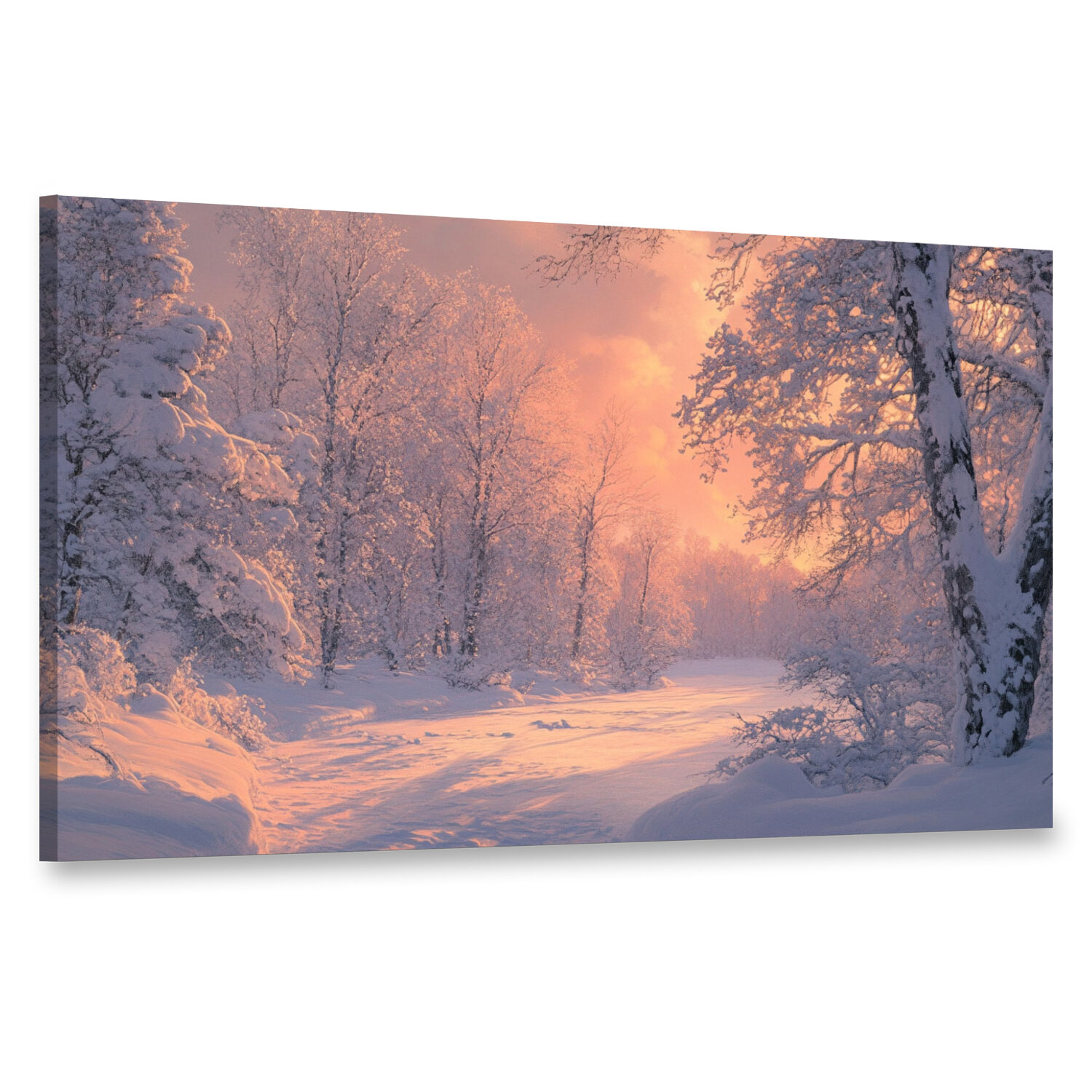 Картина на холсте интерьерная 100х60 см снег рассвет утренние лучи розовые отблески пейзаж безмятежность