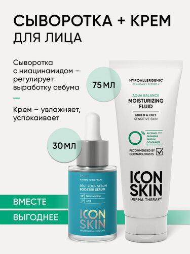 Изображение товара Сыворотка с ниацинамидом cеборегулирующая 30 мл и Крем-флюид гипоаллергенный увлажняющий 75 мл, набор для комбинированной и жирной кожи ICON SKIN