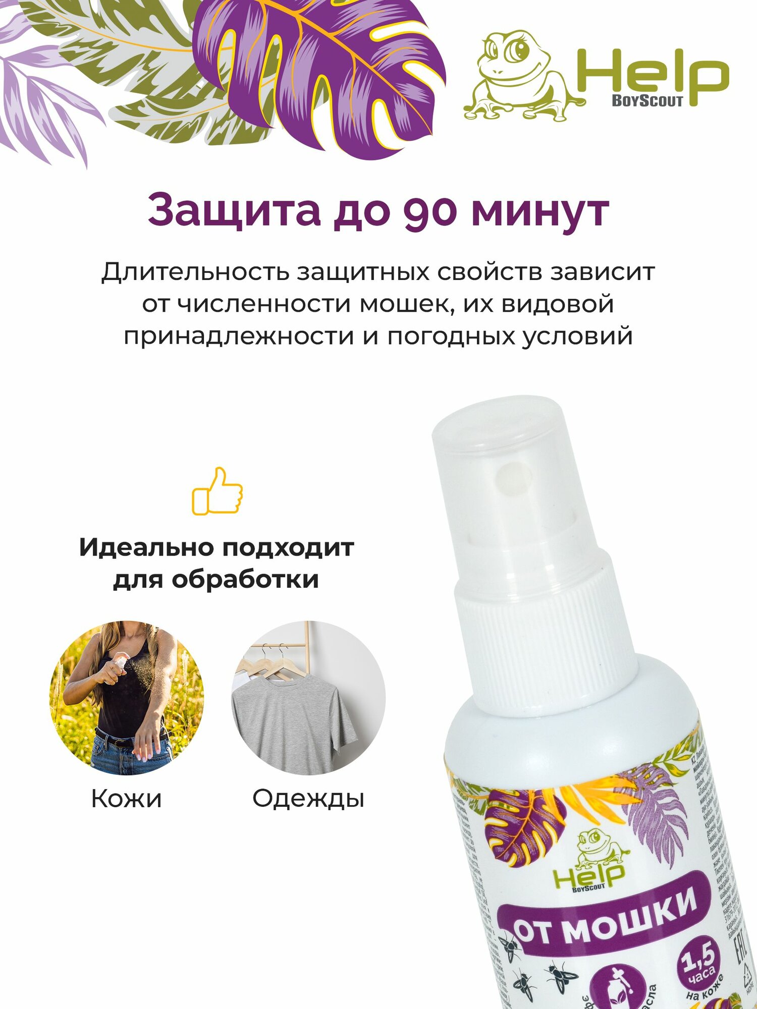 Картинки Спрей от мошки и комаров с натуральными эфирными маслами лаванды, чайного дерева, гвоздики, 50 мл, HELP
