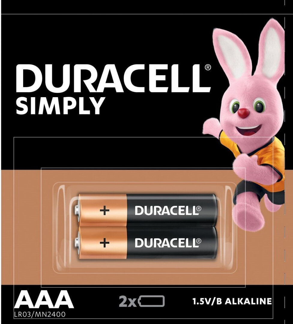 Батарейка алкалиновая AAA Duracell Simply LR03/2B 2шт в блистере