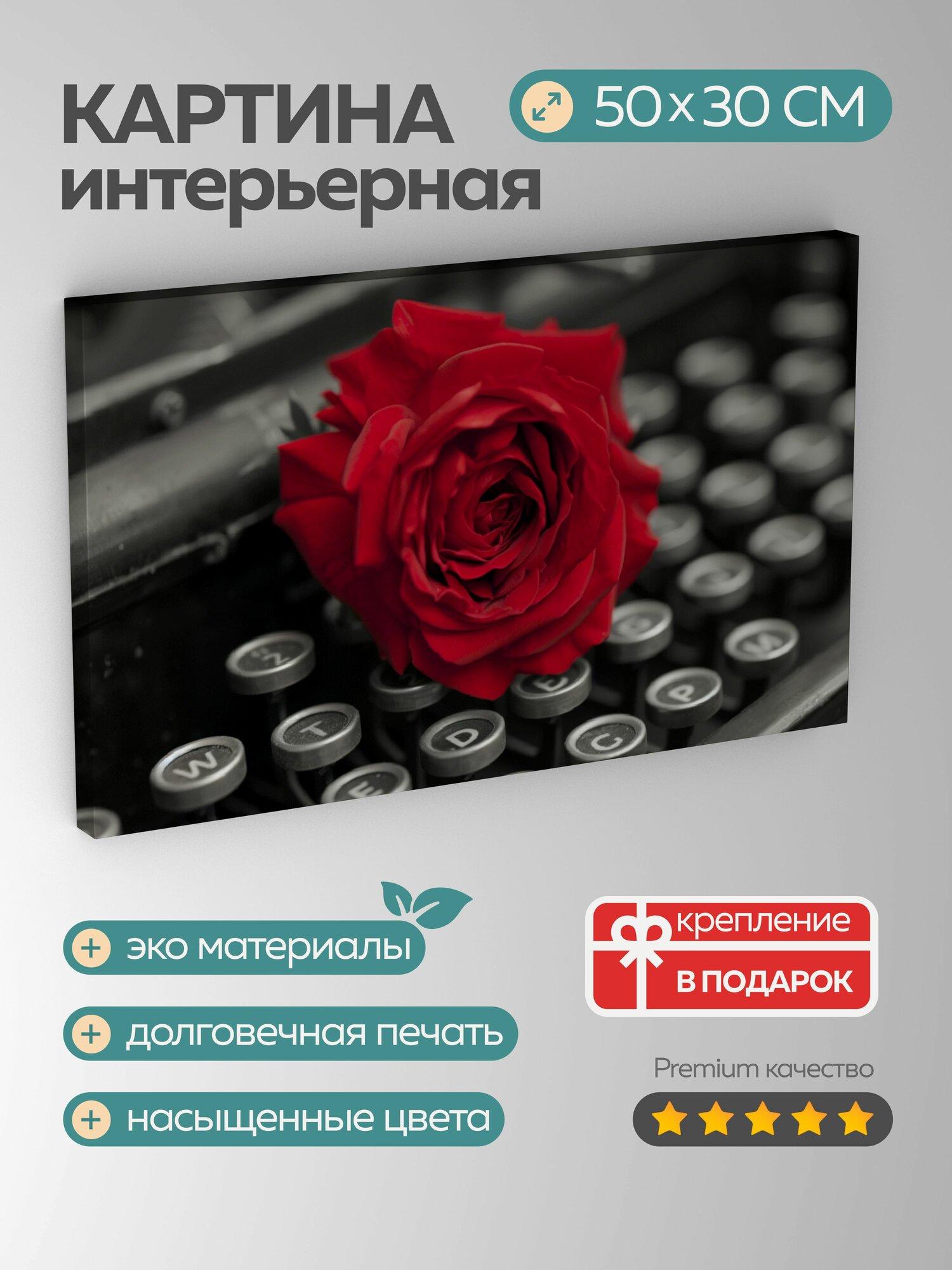 Картина на холсте интерьерная 50х30 см, черно-белая фотография, винтажная пишущая машинка, красная роза, сила слов