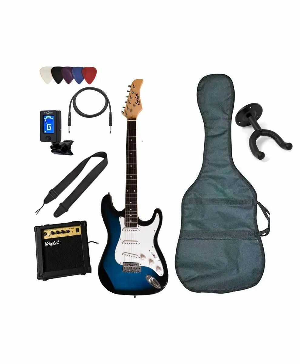Электрогитара для начинающих с комбиком и аксессуарами синяя