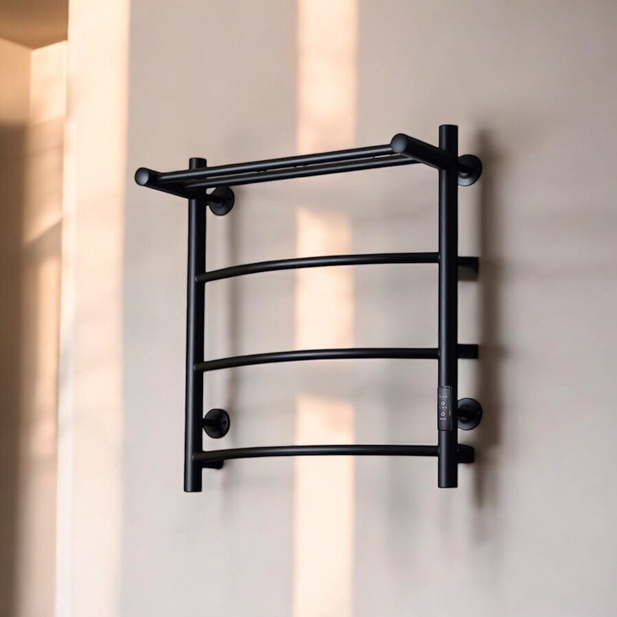 Полотенцесушитель электрический Тругор 600 мм 500 мм черный 3 перекладины с полкой универсальное подключение: