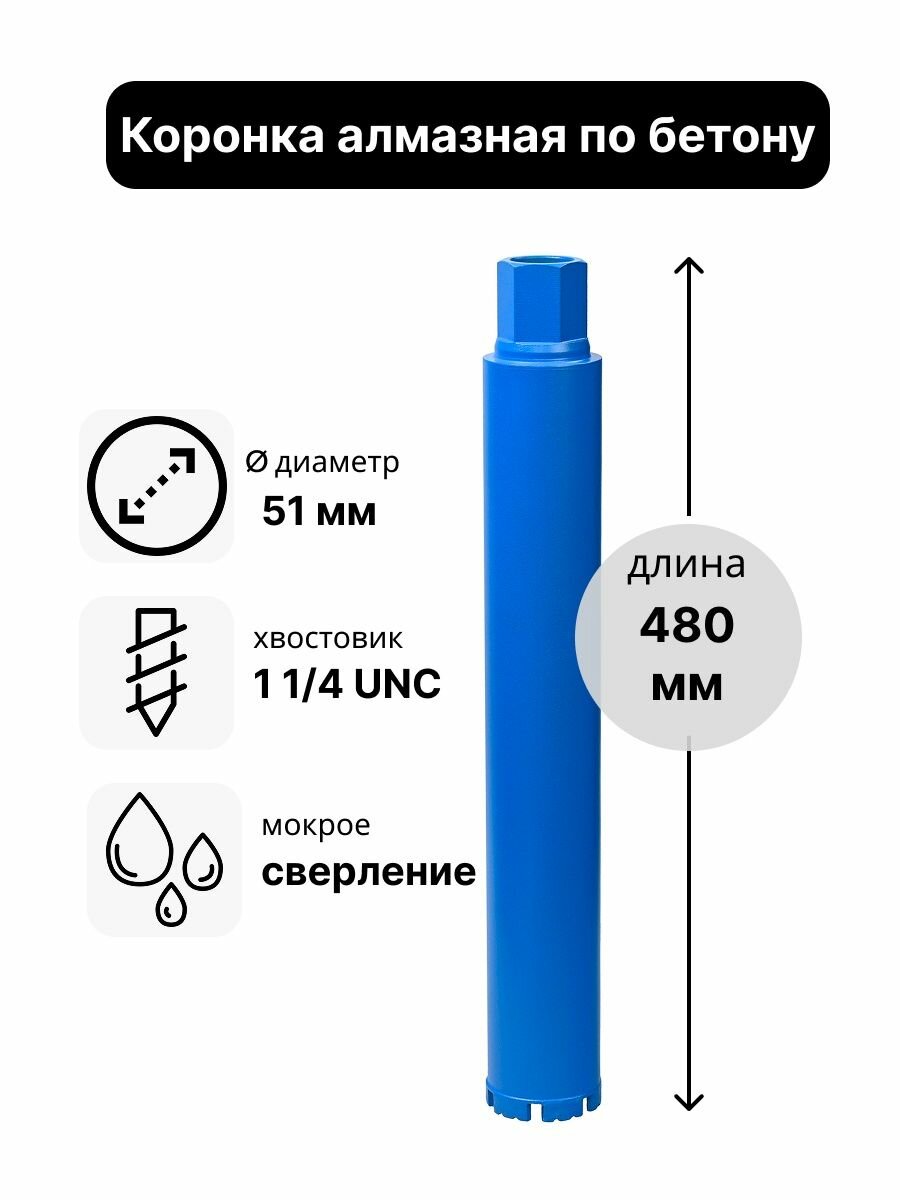 Коронка алмазная по бетону 51 х 480 мм 1 1/4 UNC мокрый рез для сверления железобетона и кирпича бур сверло по бетону