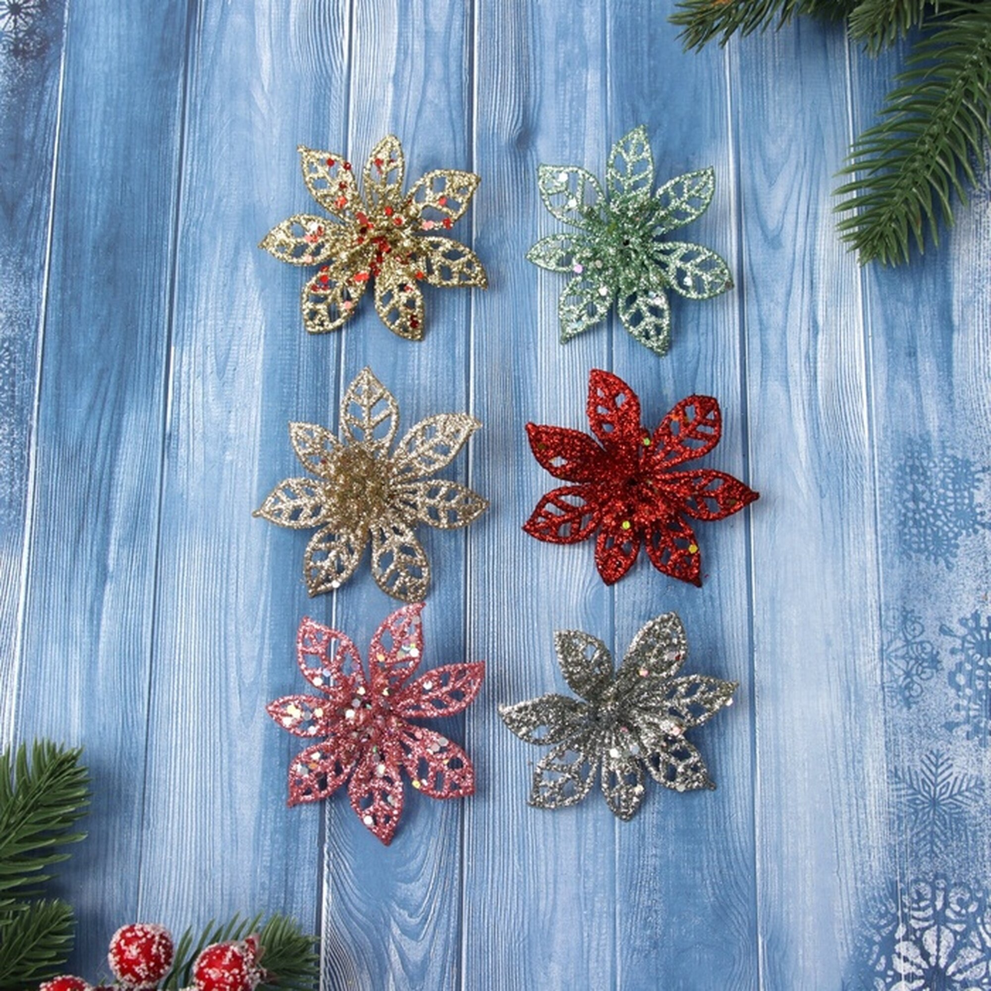 Ёлочные игрушки 6 шт. «Зимнее волшебство. Блестящие цветки» пластик 6×6 см микс