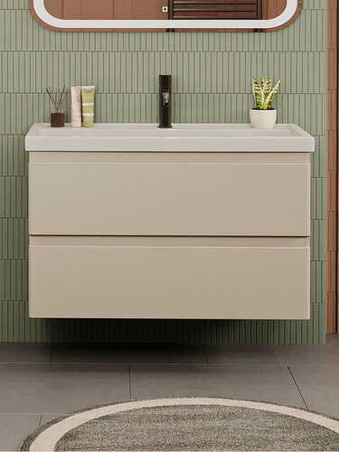 Изображение товара Тумба подвесная SanStar Riana 100 с раковиной Фостер 100 (комплект) для ванной комнаты, cappuccino