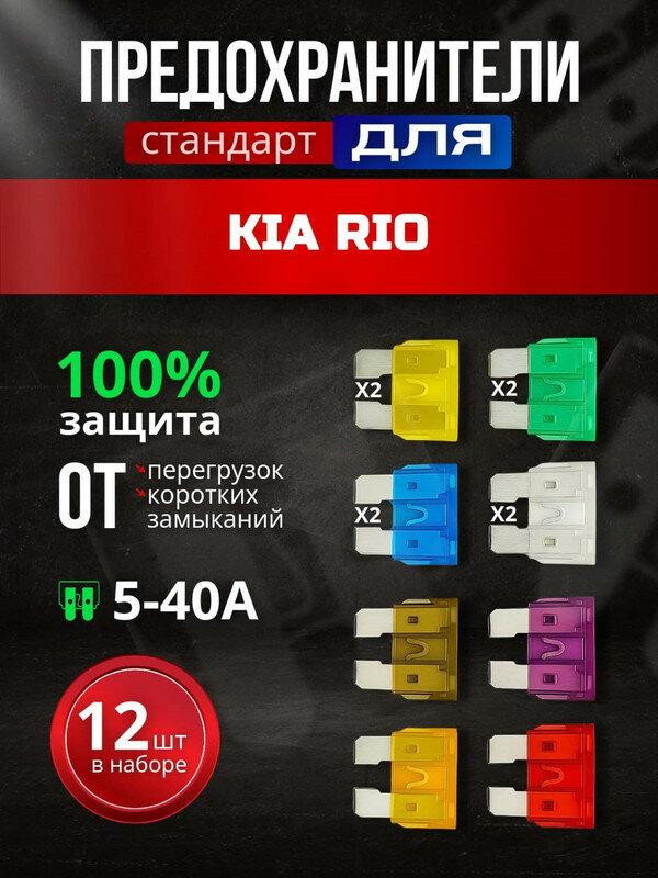 Предохранители для КИА Рио (KIA Rio) / автомобильный набор Стандарт, 12 штук с пинцетом / флажковые 5-30 А