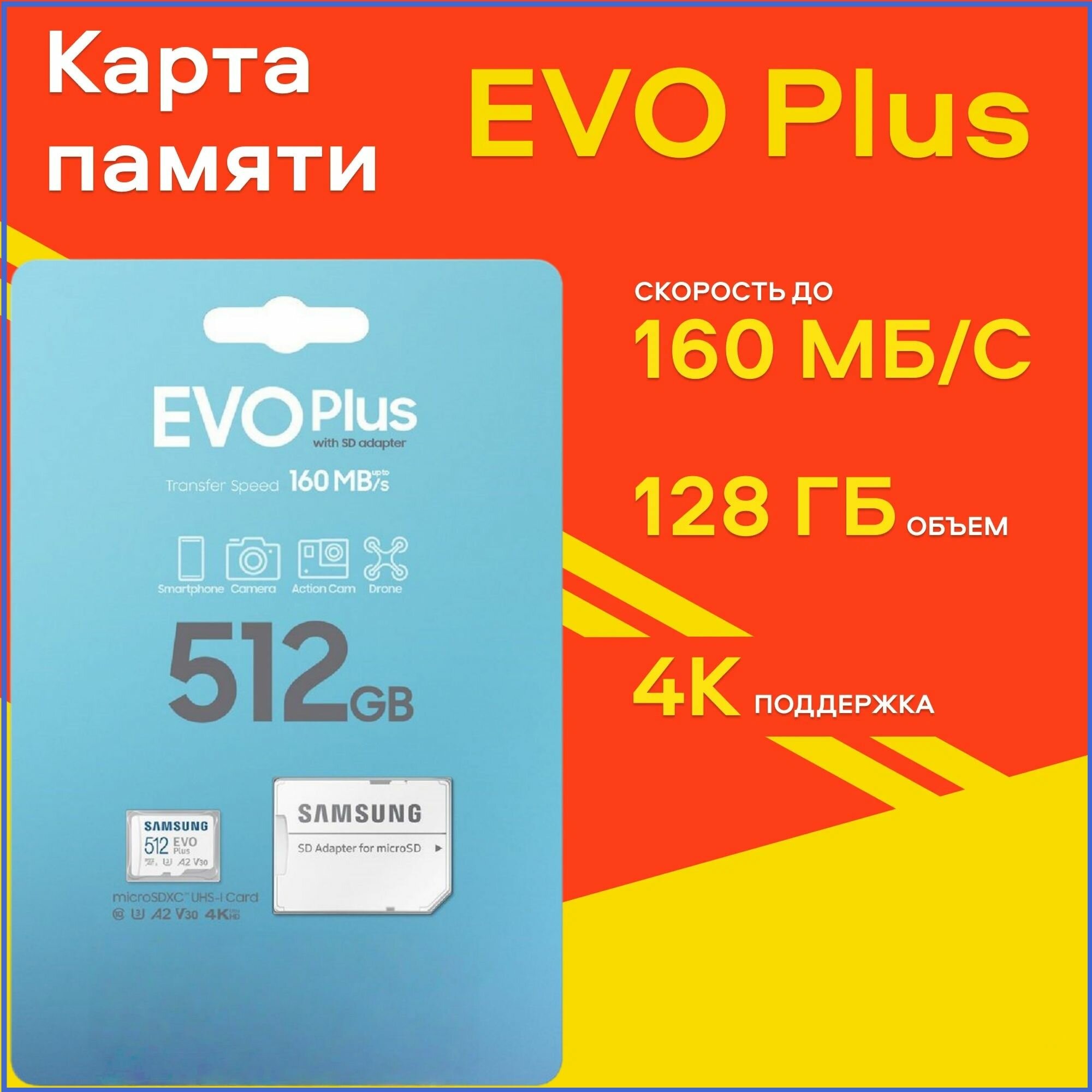 SAMSUNG Карта памяти EVO Plus MB-MC512SA/EU, 512ГБ, Class 10, UHS-I, U3
