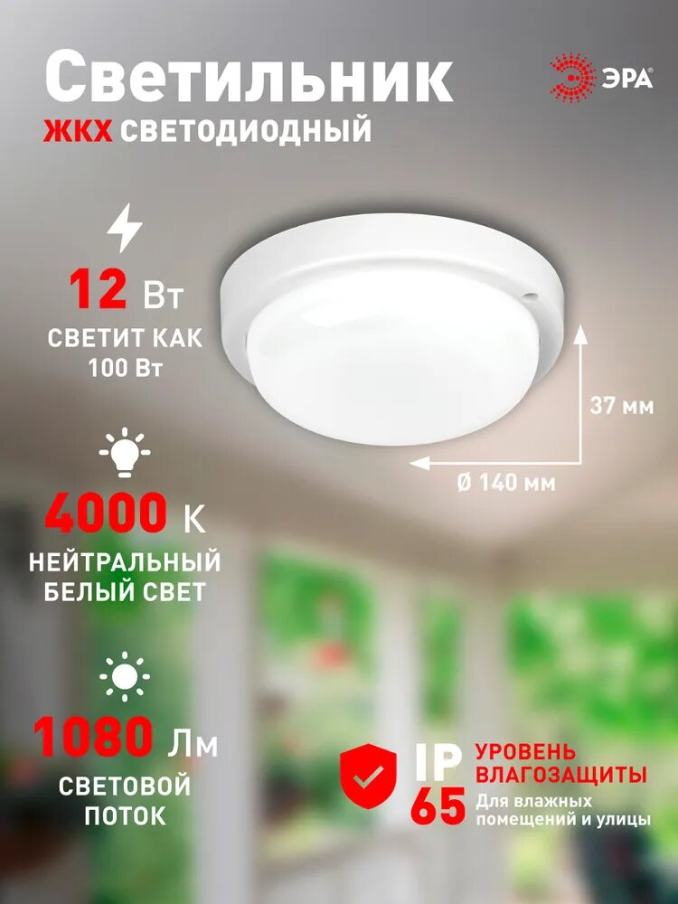 Светильник ЖКХ светодиодный ЭРА SPB-211-0-40K-012 12Вт 1080Лм 4000К IP65 140х37мм круг