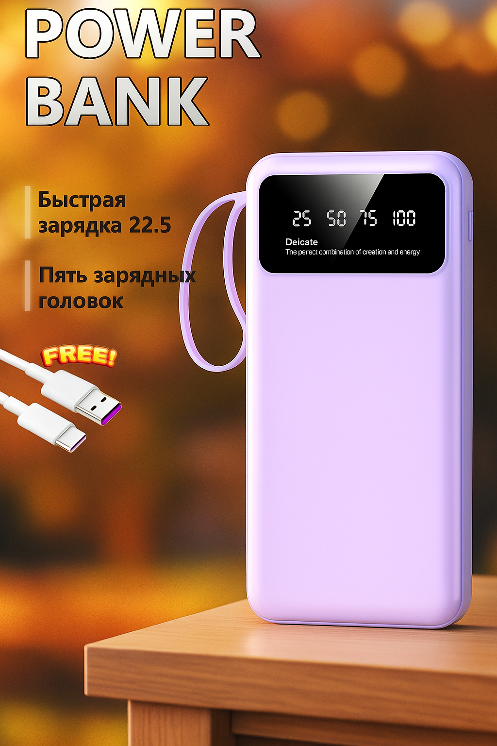 Внешний аккумулятор Power bank, 10 000mAh, защита, сквозная зарядка, фиолетовый