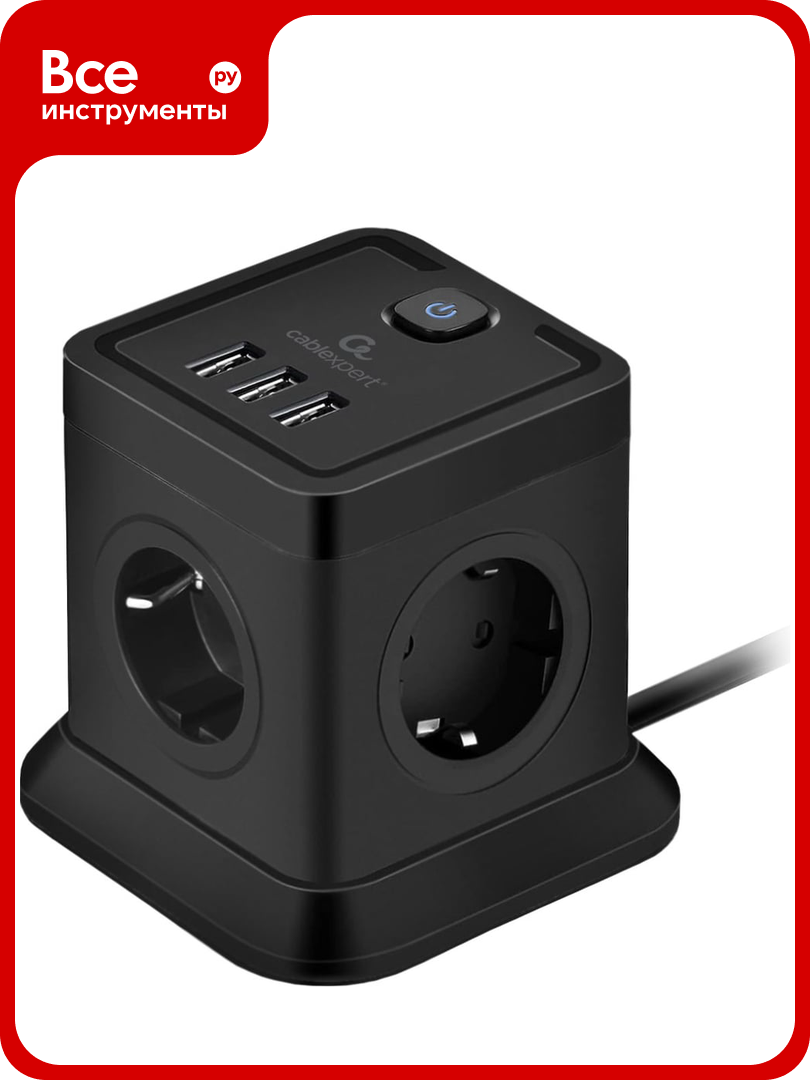 Сетевой фильтр Cablexpert Tower 4р, 10А, 3xUSB, 3.1А, 2м, ур. защиты 2+, черный, коробка TWR-4-U3-B-2