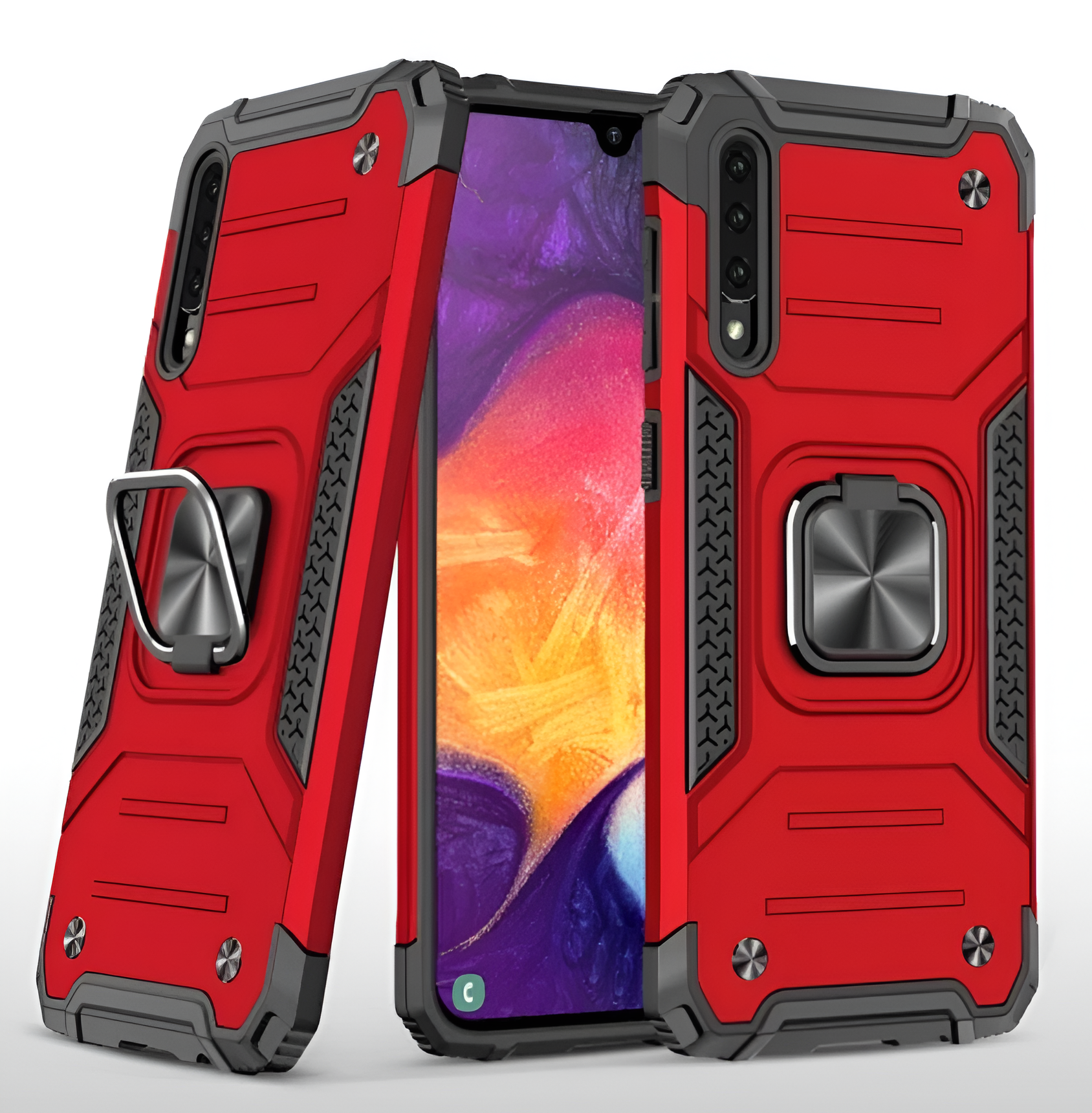 Противоударный чехол для Samsung Galaxy A50, A505, A50s, A30s красный с пластиной и кольцом подставкой