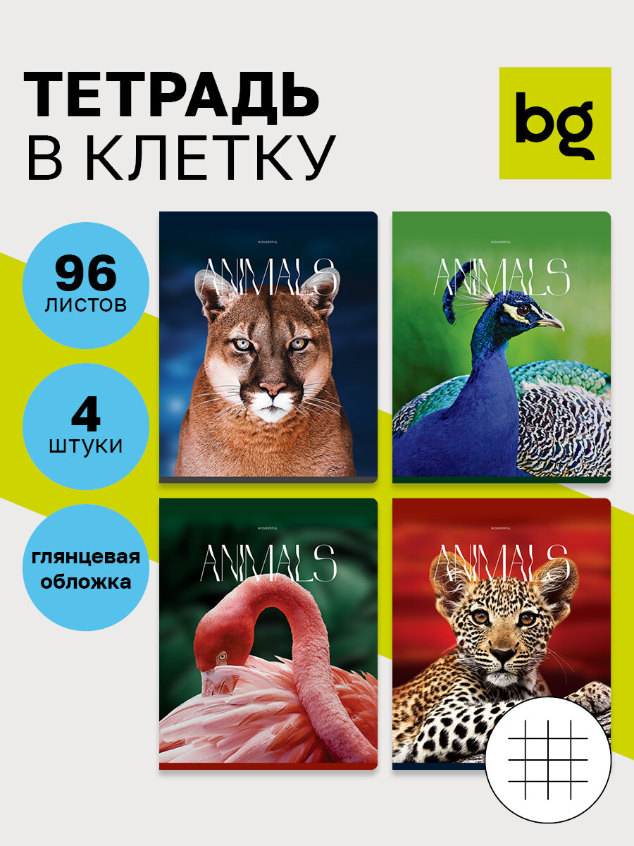 Тетрадь в клетку общая школьная 96 листов, А5, BG "Животные", глянцевая ламинация / Набор тетрадей 4 штуки