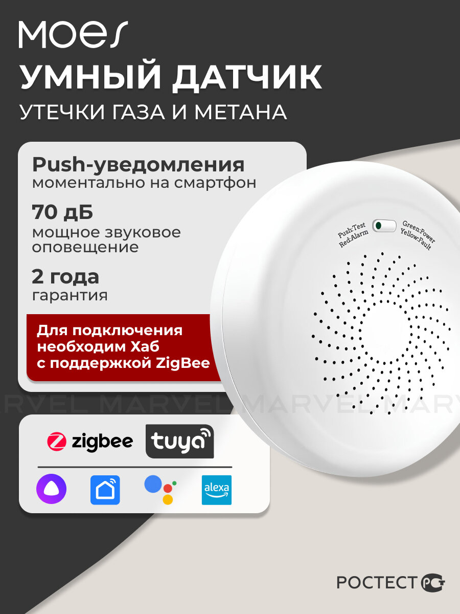 Датчик утечки газа Moes ZSS-QY-GL-U-MS / для умного дома со звуковым сигналом и голосовым управлением ZigBee белый