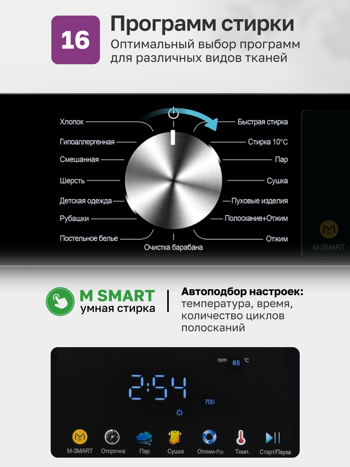 Стиральная машина с сушкой и паром GARTZ WLD15341W HomeРrofessional, 58 см глубина, инверторный двигатель, 10,5 кг, 1400 об/мин, 16 программ, отсрочка старта, быстрая стирка, функции сушки и пара, умная стирка M-SMART, защита от протечек, белая — фото 1