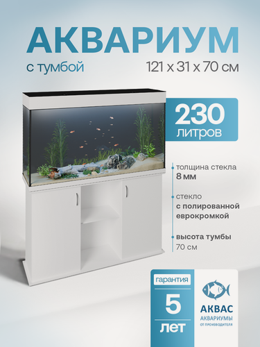 Изображение товара Аквариум 230 литров с тумбой крышкой и освещением (121х31х70см) для рыбок