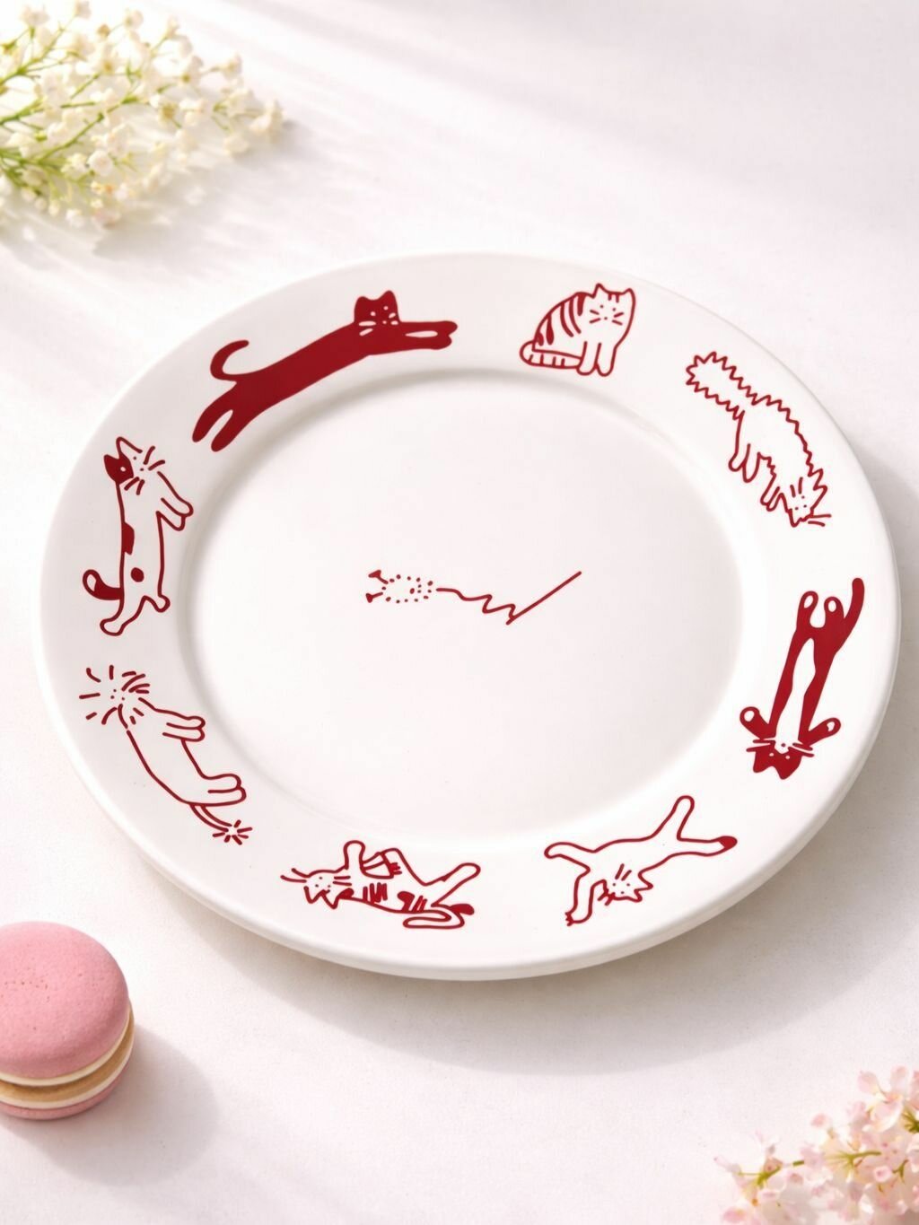 Тарелка керамическая "Кот", диаметр 21см, красная, для СВЧ, для посудомойки