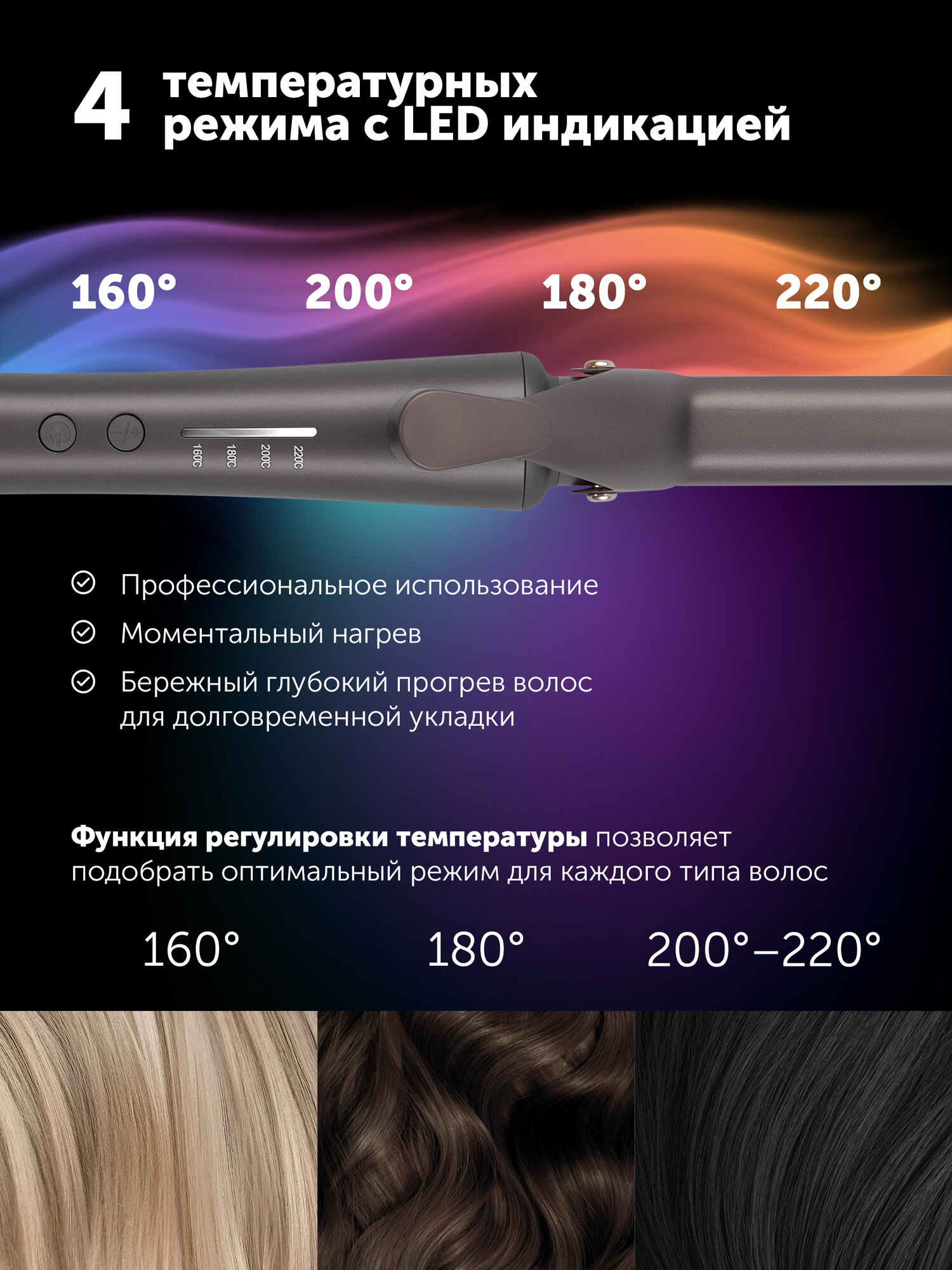 Стайлер для завивки волос Polaris PHS 2519Mi, 4 режима, керамическое покрытие, серый — фото 1