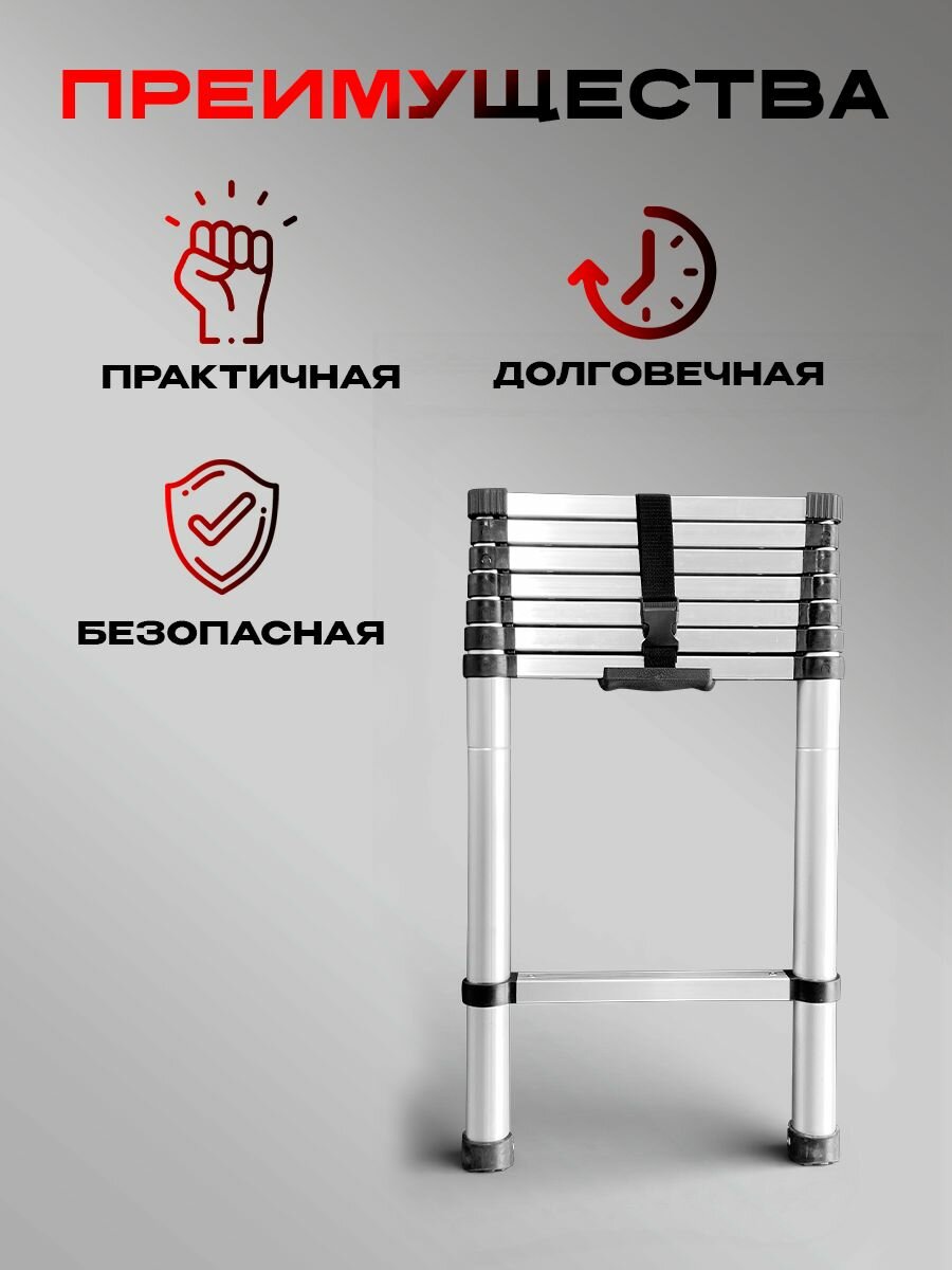 Лестница Техпром SW-T1029, алюминий, телескопическая, нескользящие ножки, 2,9 м — фото 1