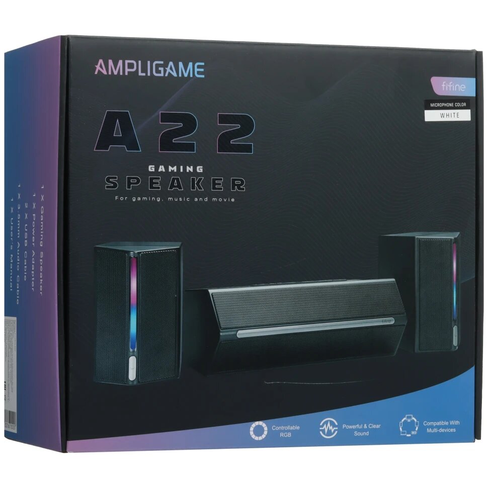 Колонки Fifine A22 белый, Bluetooth, 2.1, RGB, jack 3.5 мм, активный сабвуфер