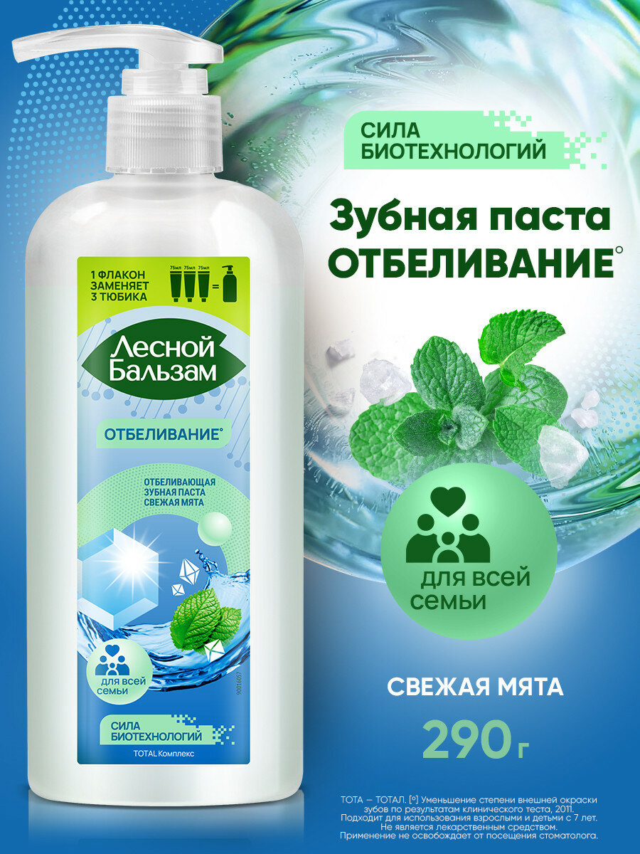 Зубная паста отбеливающая с дозатором Лесной Бальзам Свежая Мята Total Комплекс Отбеливание для всей семьи 290 мл