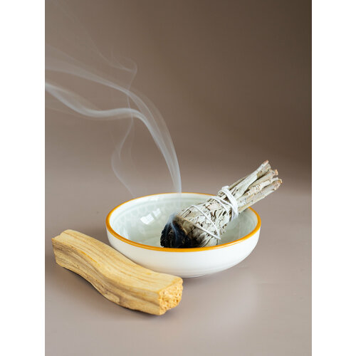 Подставка блюдце и Пало Санто 1шт Palo Santo + Шалфей в подарок, Подарочный набор для медитаций и окуривания