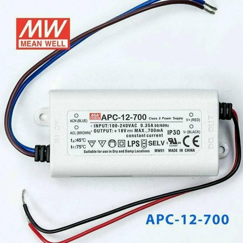 APC-12-700 AC/DC LED, 9-18В,0.7А,12.6Вт, IP42 блок питания для светодиодного освещения