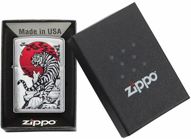 Зажигалка ZIPPO Asian Tiger с покрытием Brushed Chrome, латунь/сталь, серебристая, 38x13x57 мм