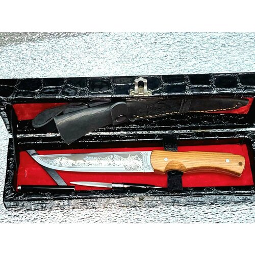 нож охотник 932с тканевые ножны Нож туристический разделочный Охотник - хищник ягуар в чехле ножнах и подарочный черный кожаный футляр , ручка нож в подарок