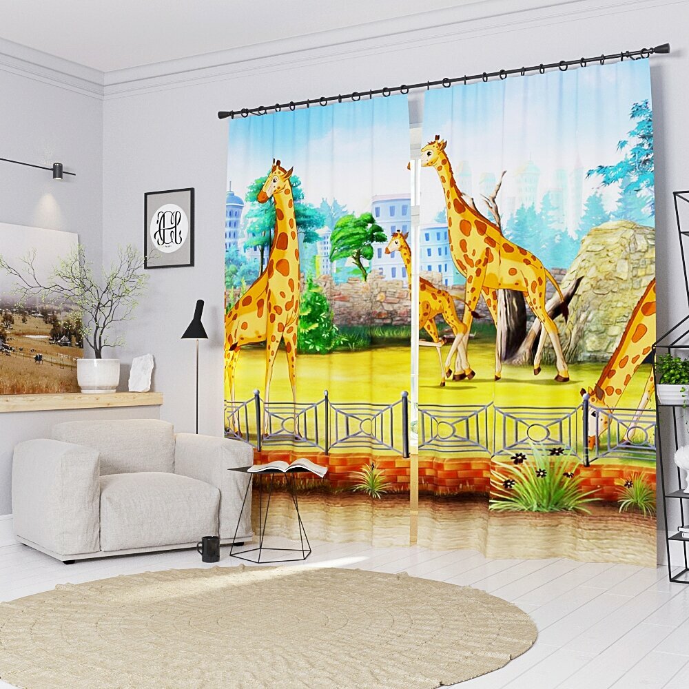 Фотошторы Жирафы в зоопарке Ш150xВ205 см. 2шт. Атлас на тесьме