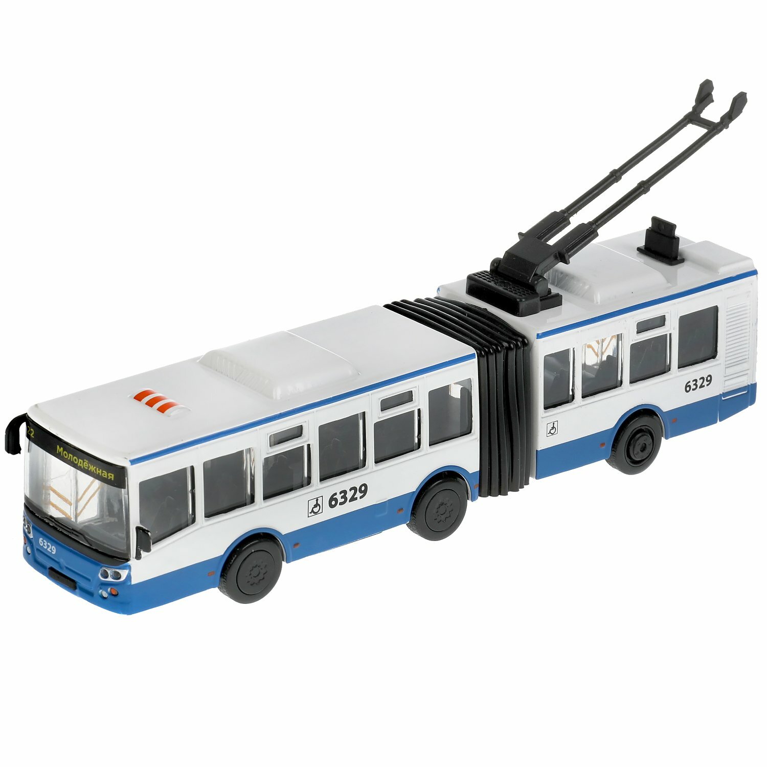 Троллейбус Технопарк сочлененный, бело-синий, инерционный ТRОLLRUВ-19-ВUWН
