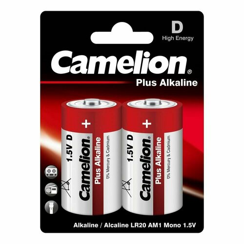 Батарейка CAMELION Plus Alkaline LR20-BP2, 2 шт. батарейка алкалиновая camelion plus alkaline d 1 5v упаковка 2 шт lr20 bp2