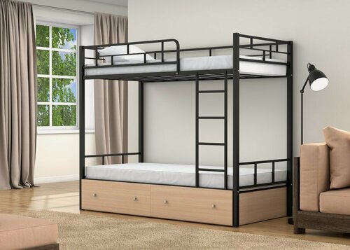 Изображение товара Двухъярусная кровать металлическая "Валенсия" Черный с ящиками Дуб молочный