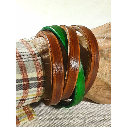 фото Браслет кожаный ручной работы "корзинка коричнево-зеленые 3и1 полосы" хельга шванцхен leatherca