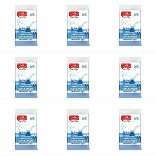 Tokiko Влажные салфетки Japan Family освежающие с термальной водой 15 шт в уп 9 уп 855₽