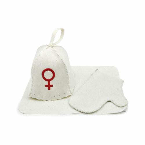 Набор для бани из 3-х предметов: шапка «колокольчик» с вышивкой «Знак пола женский», коврик, рукавица