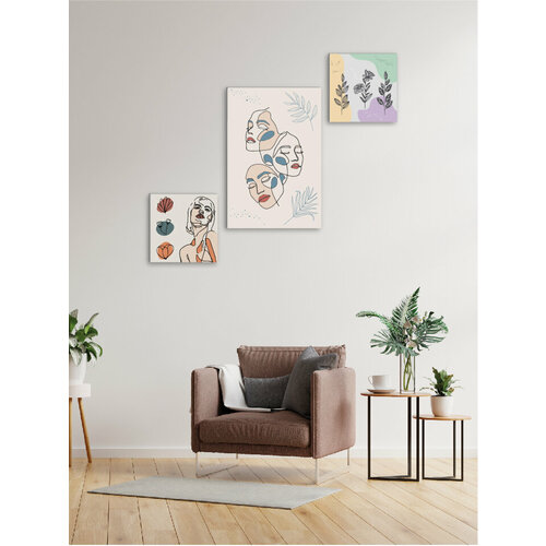 Набор из 3 интерьерных картин на холсте / Девушка с цветами / Модульная картина / в кухню / в спальню / в гостиную / на стену