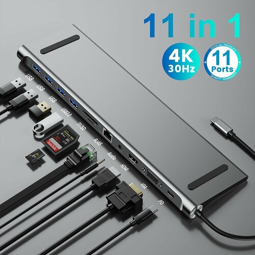USB разветвитель 11 в 1 Type C USB HUB док станция Usb 30 хаб 3 0 USB-20 Type-c переходник концентратор thunderbolt 4k Hdmi VGA RJ45 TF SD AUX картридер для ноутбука Macbook Pro Air m1 m2 4062₽